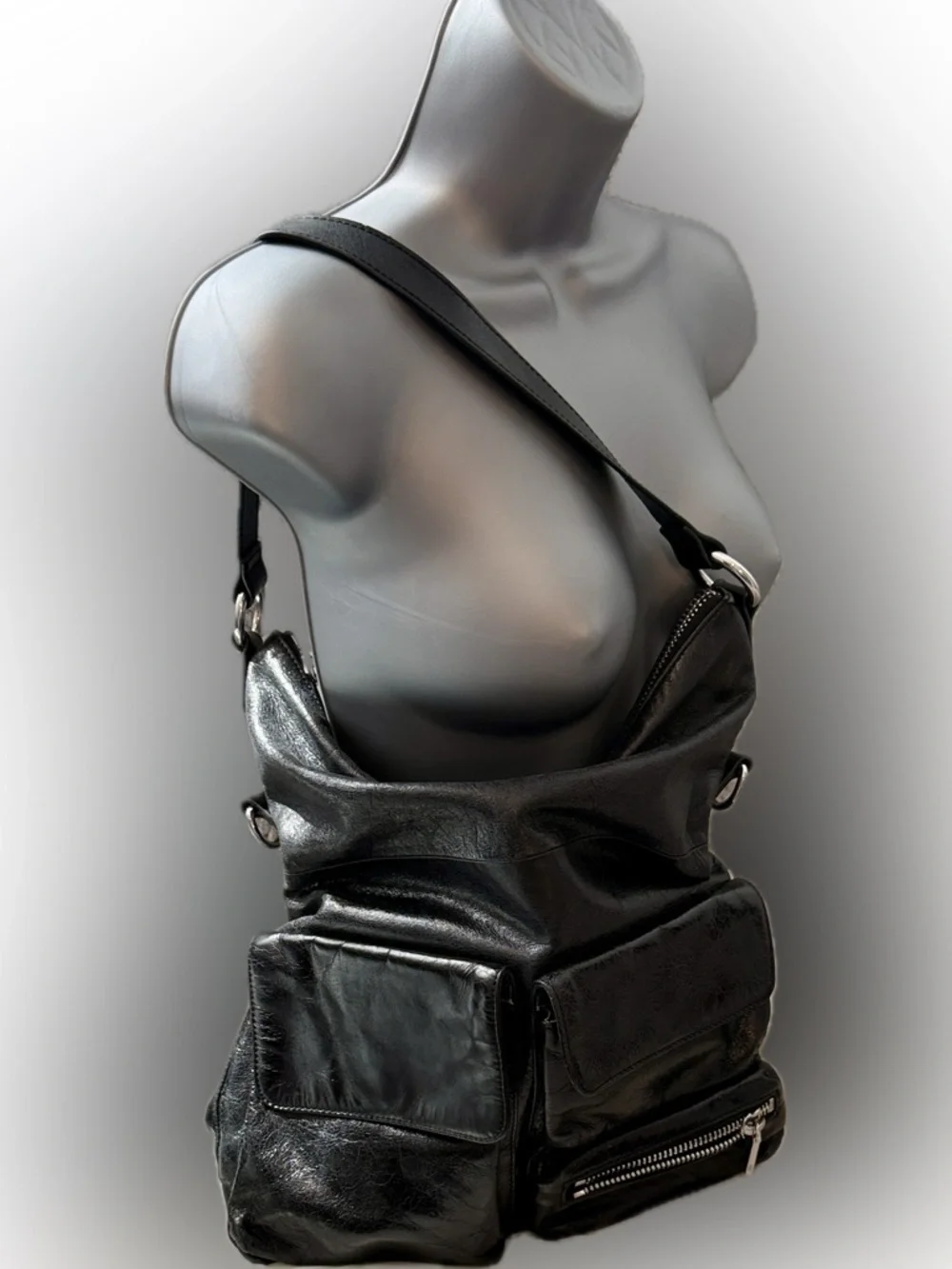 HOBO Black Leather Hobo Bag with Front Pockets